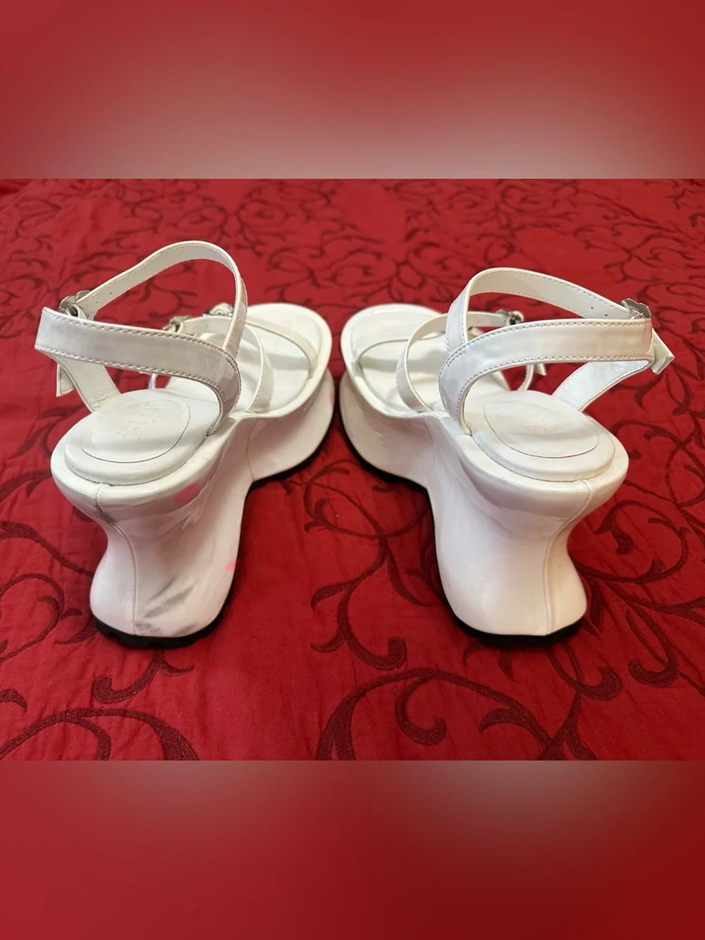 Dolls Kill White Platform Wedge Sandals with Silver Buckles